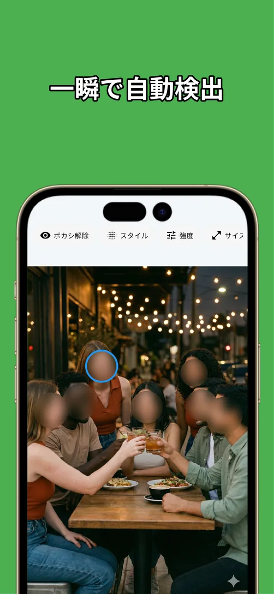 MozFaceが写真の全員の顔を自動検出してぼかした画面