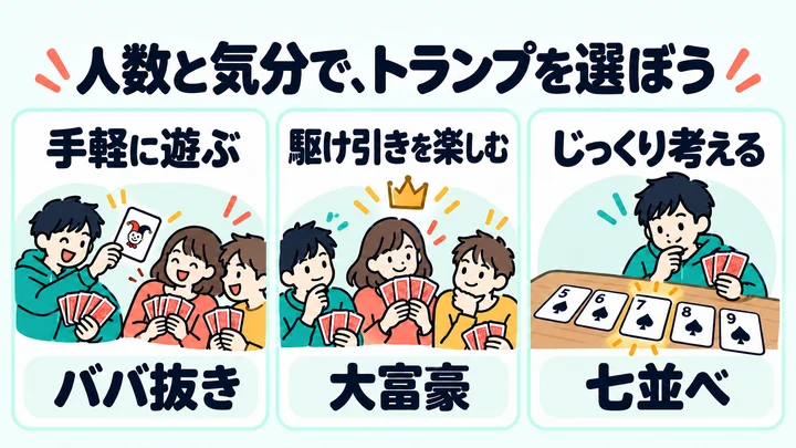 ババ抜き・大富豪・七並べを人数と気分で選ぶ図解