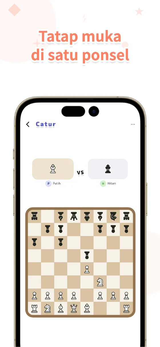Layar catur di VSPocket untuk dua pemain di satu HP, dengan papan dan tulisan Putih vs Hitam