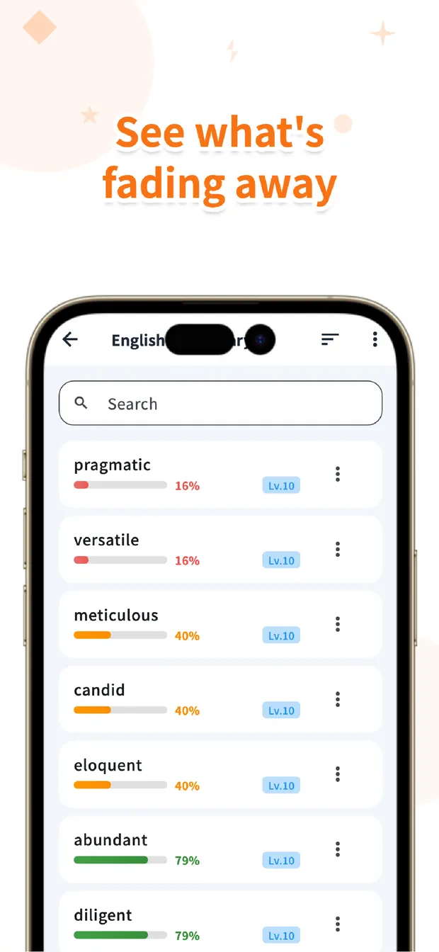 Flips card list showing a retention gauge for each word