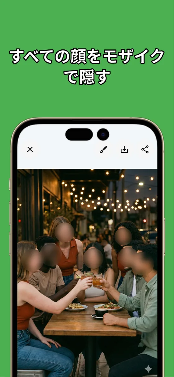 MozFaceで集合写真の全員の顔を隠した例