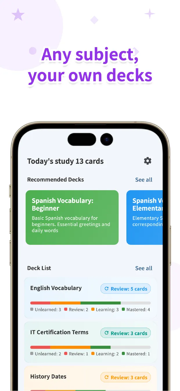 Flips home screen with deck progress and today's review count