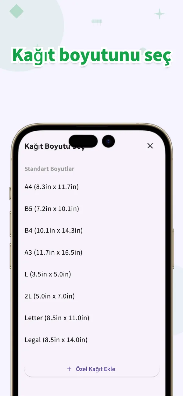 PitaPuri: Kağıt boyutunu seçin