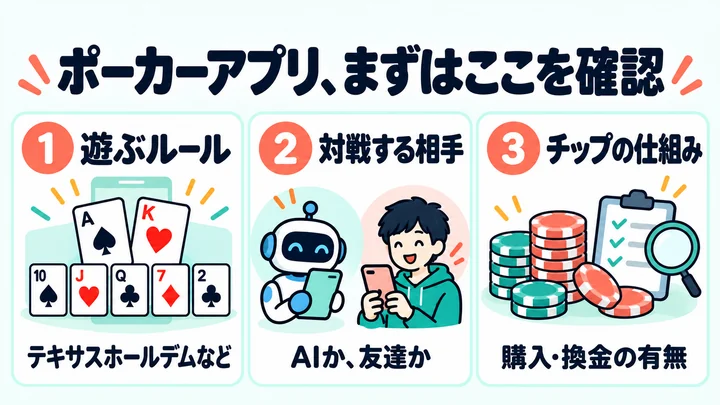 ポーカーアプリのルール・対戦相手・チップの仕組みを確認する図解