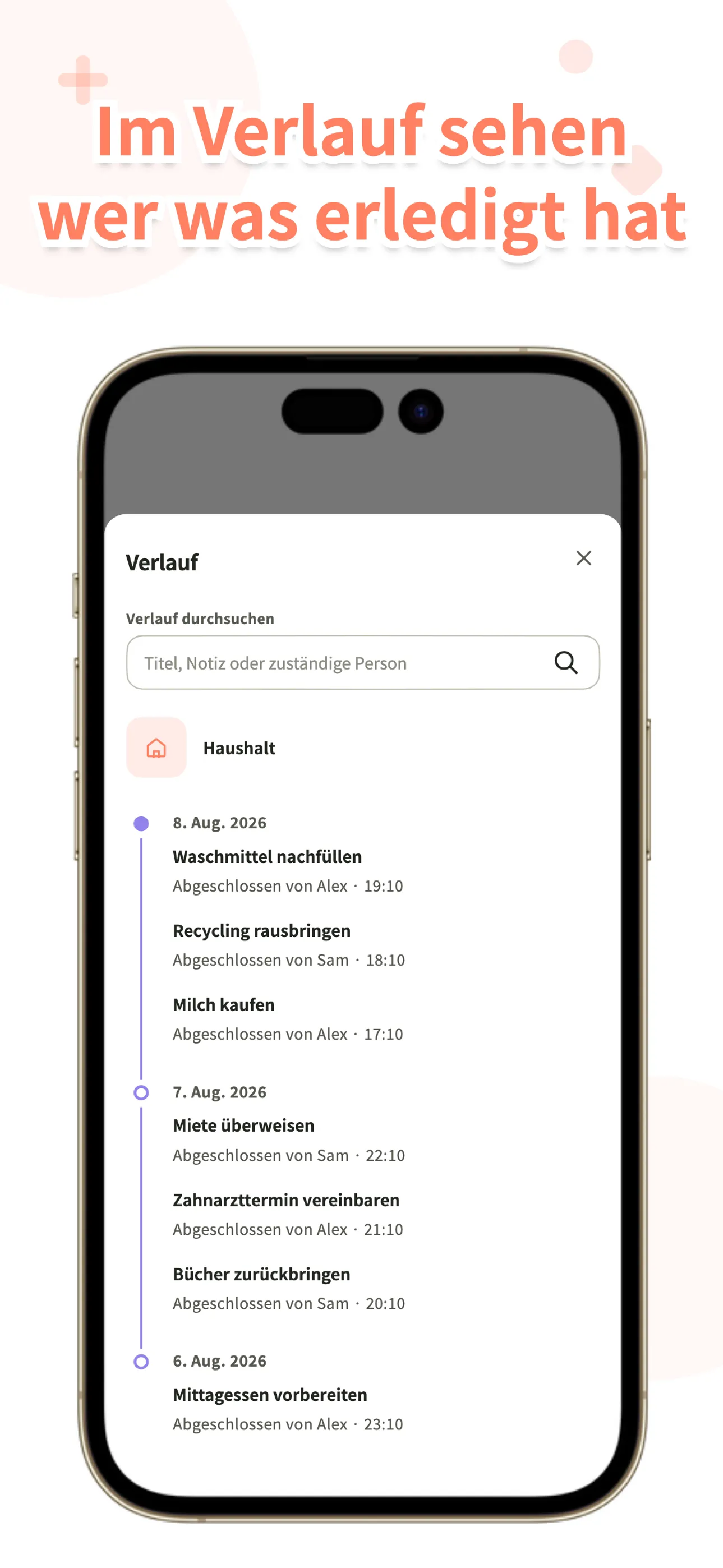 Koto-Verlaufsansicht mit erledigten Aufgaben pro Person