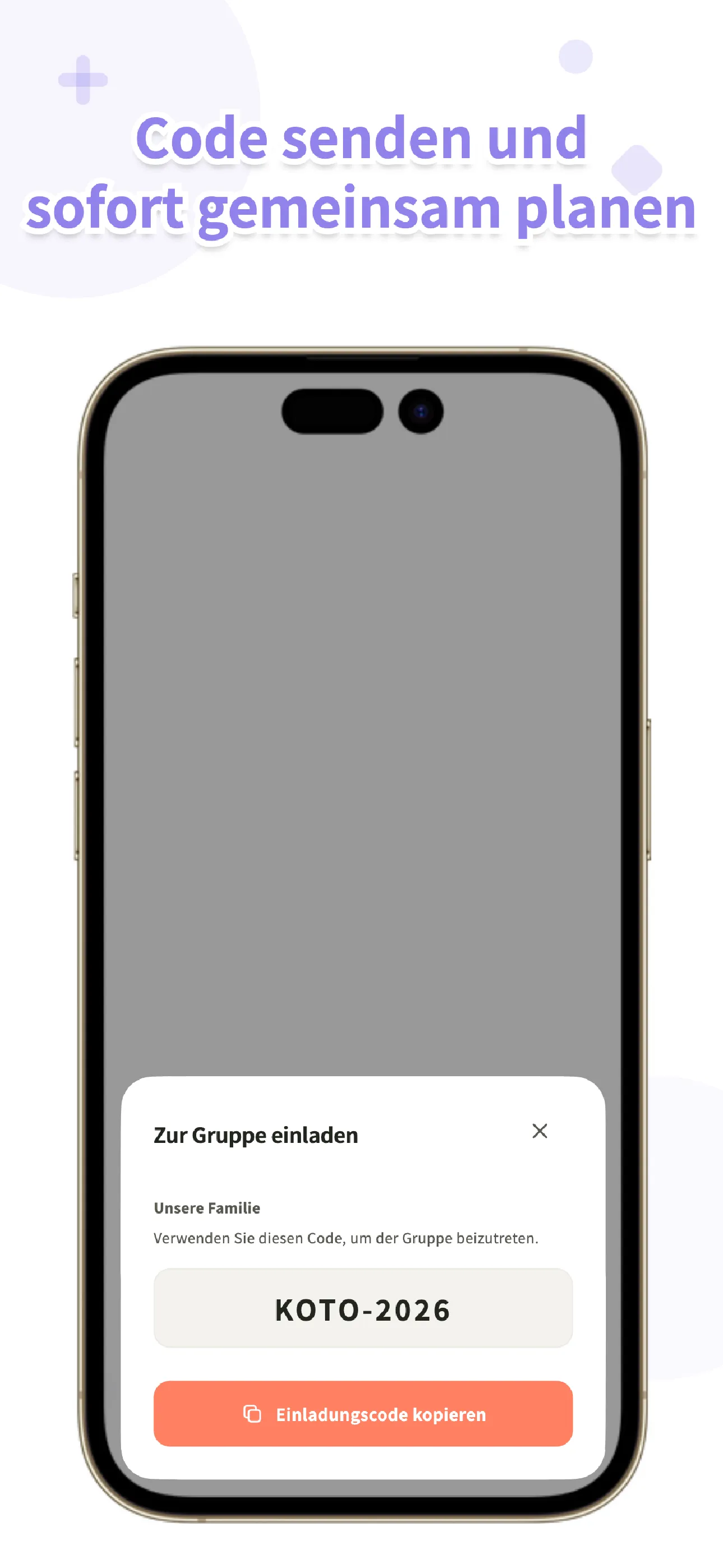 Koto-Einladungsansicht zum Teilen per Code