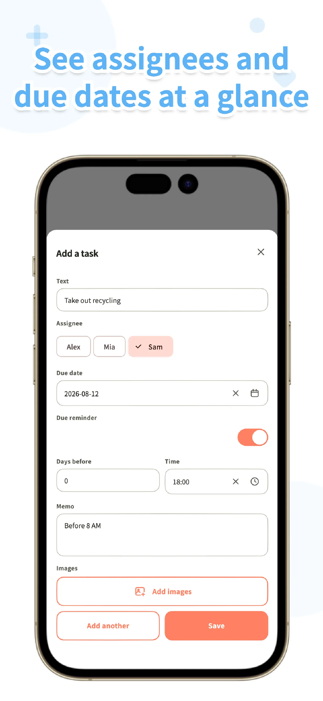 Koto task detail screen showing assignees and a due date