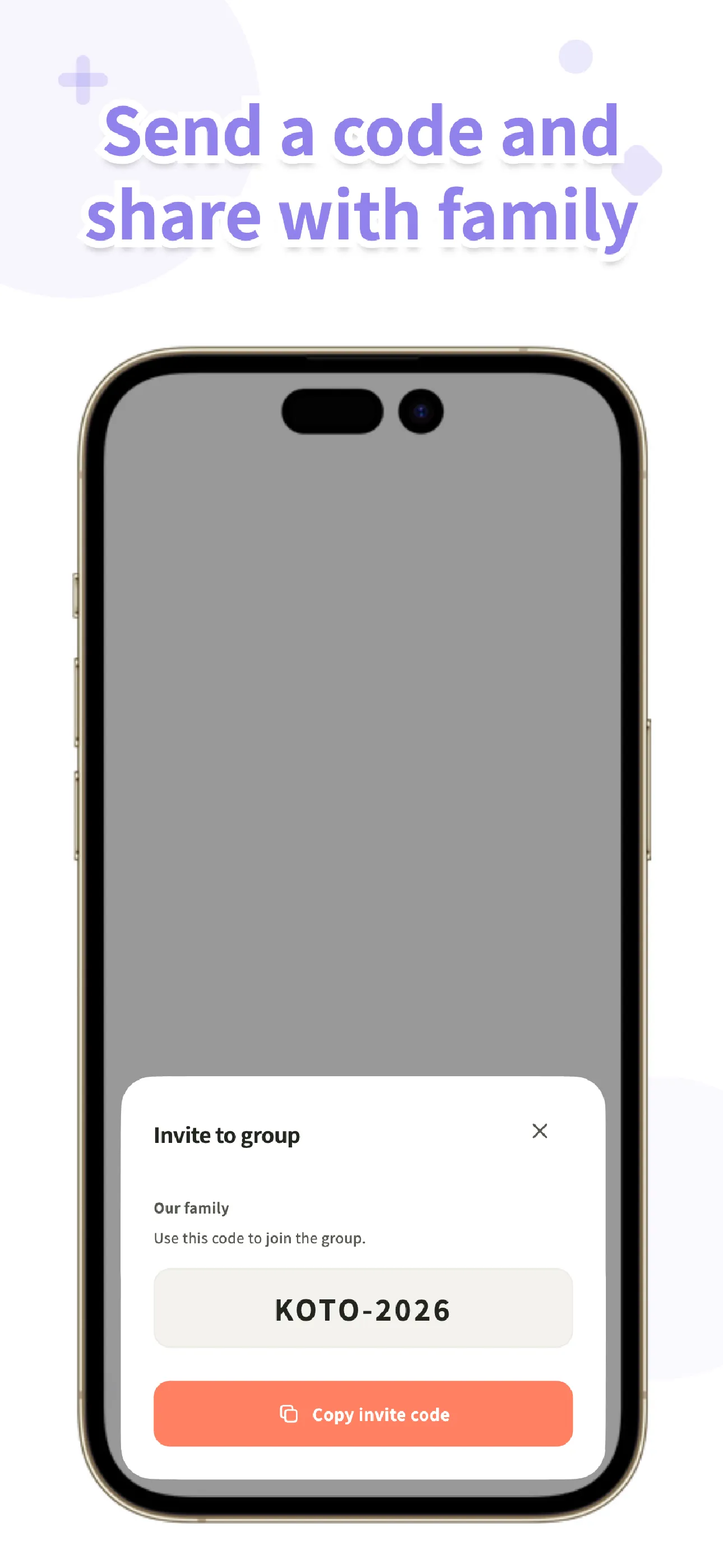 Koto invite screen showing how a family joins a shared grocery list with a code