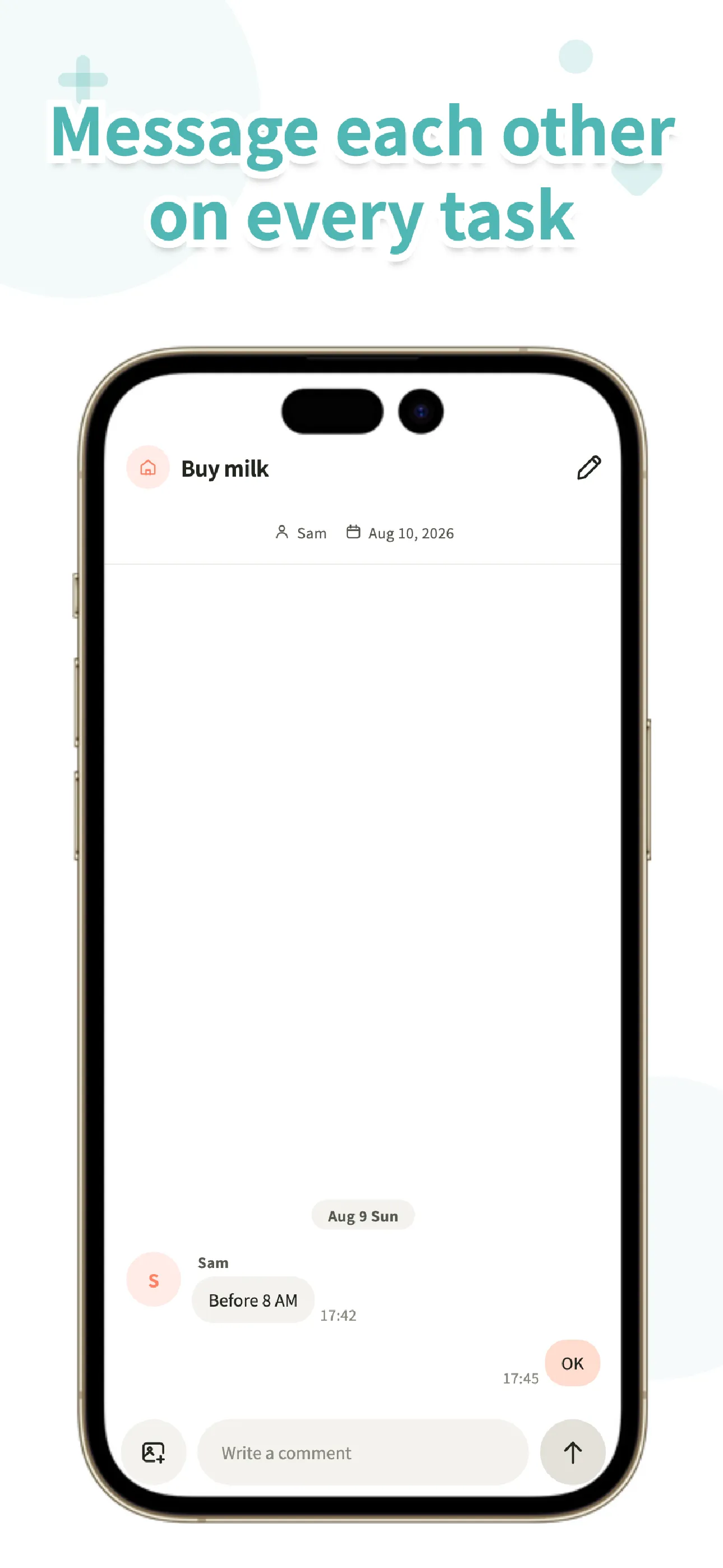 Koto task detail showing notes, photo attachments, and comments on a shared item