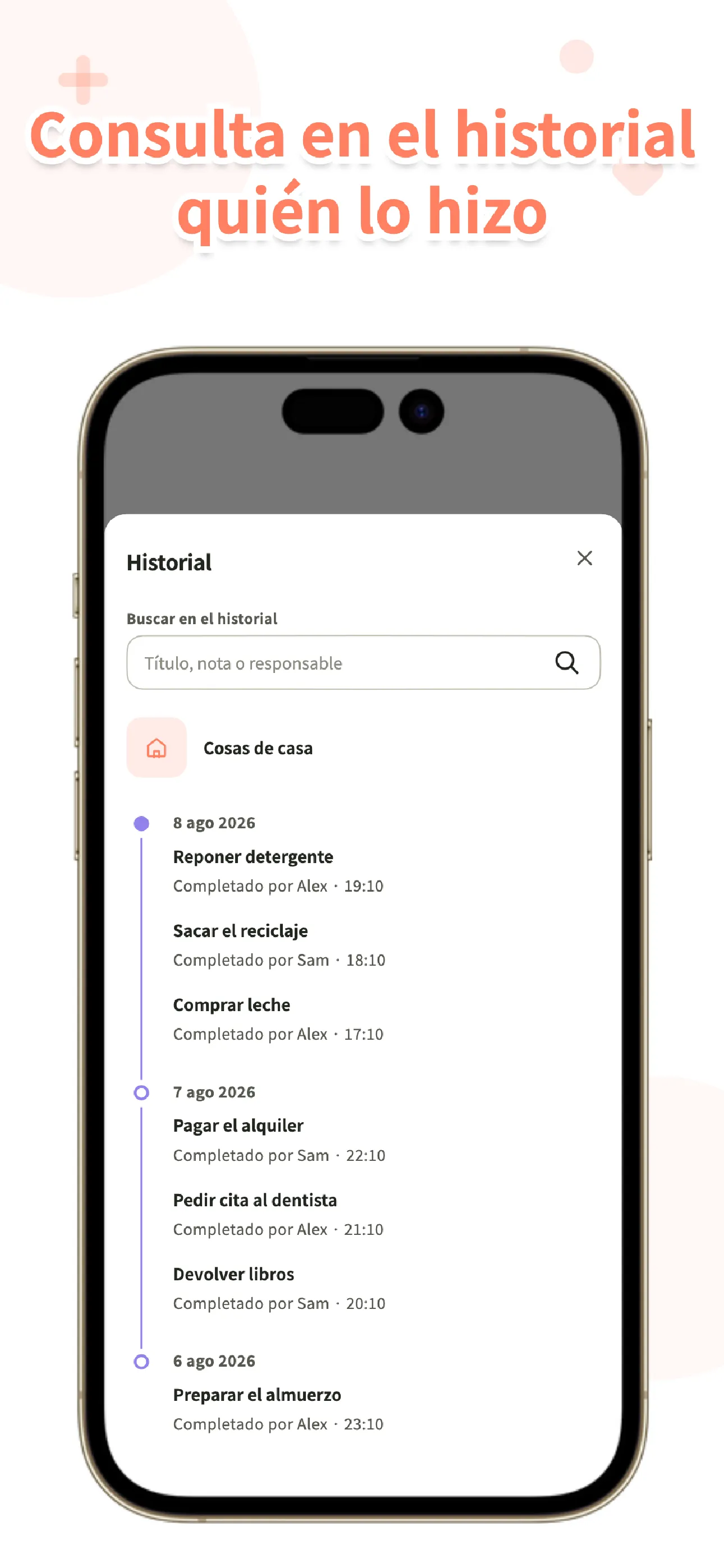 Pantalla de historial de Koto con tareas completadas por persona