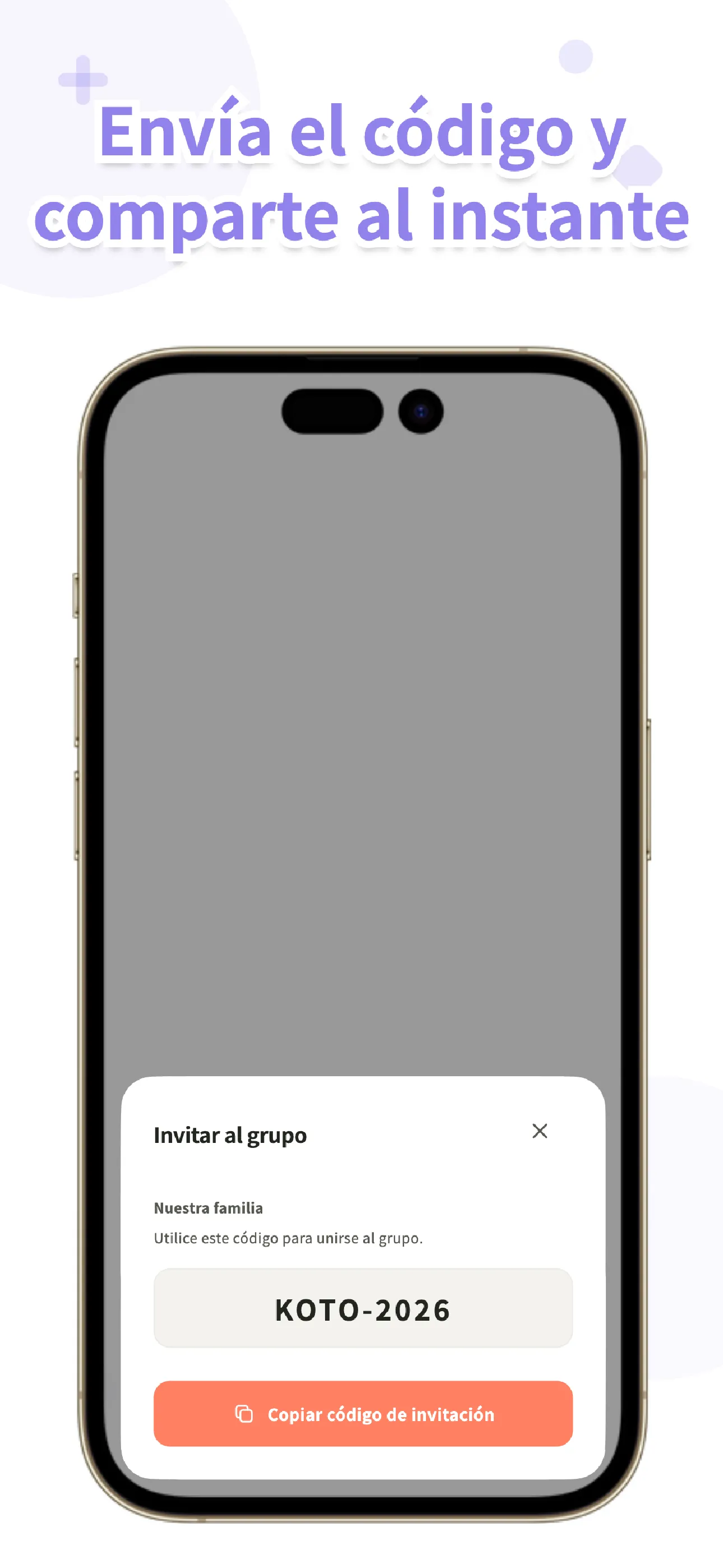 Pantalla de invitación de Koto para compartir con un código