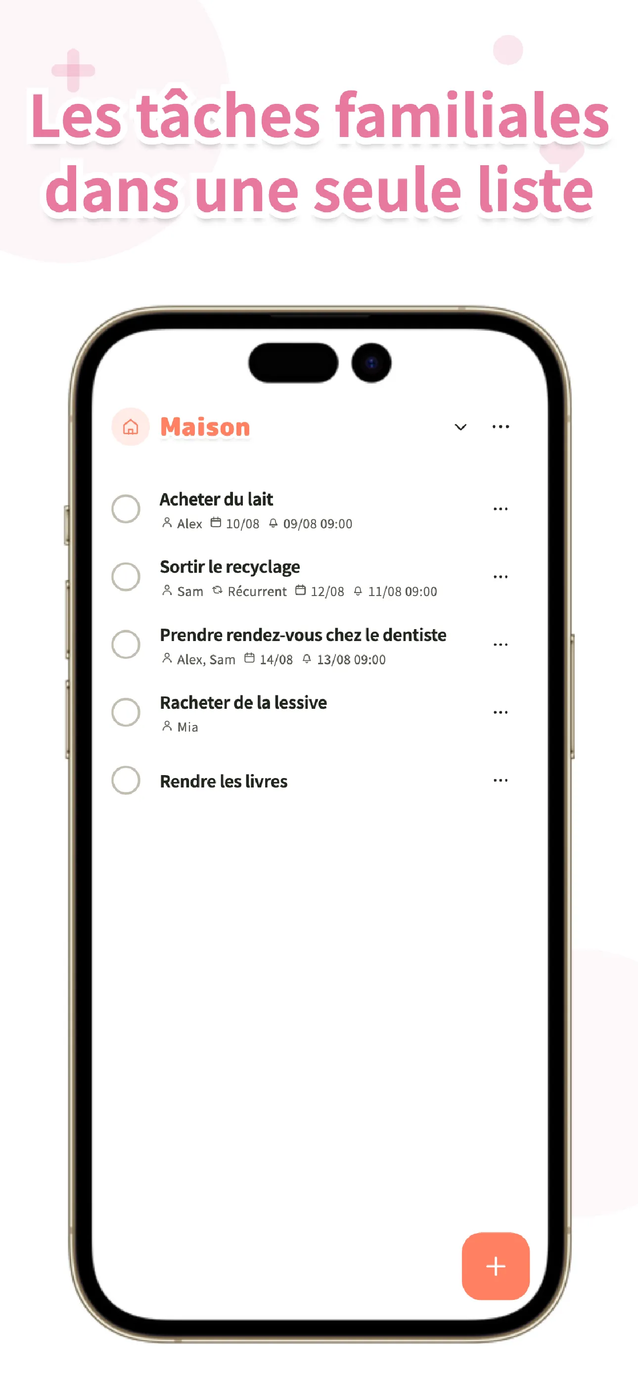Écran de liste Koto affichant une liste de tâches familiale partagée