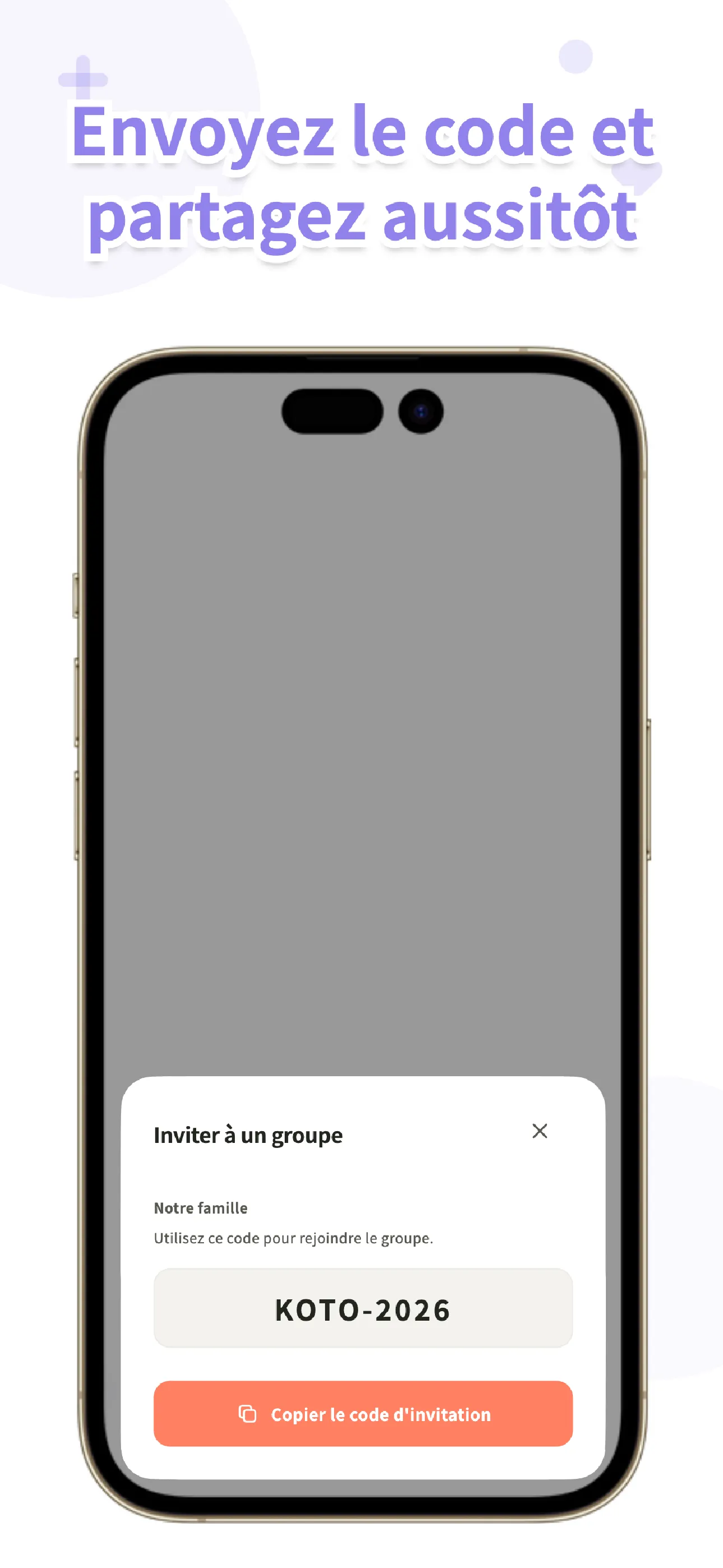 Écran d’invitation Koto pour partager via un code