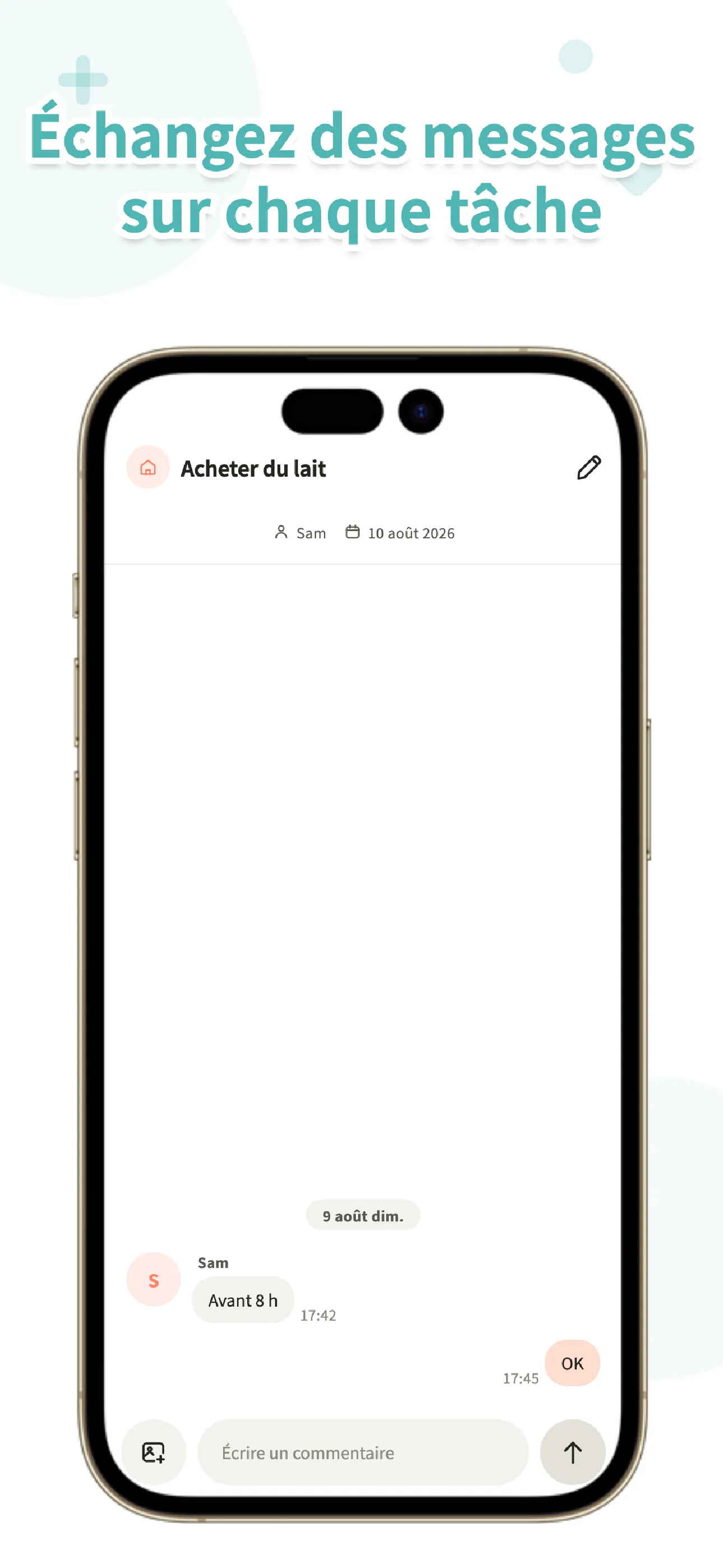 Écran de commentaires Koto avec des messages sur une tâche