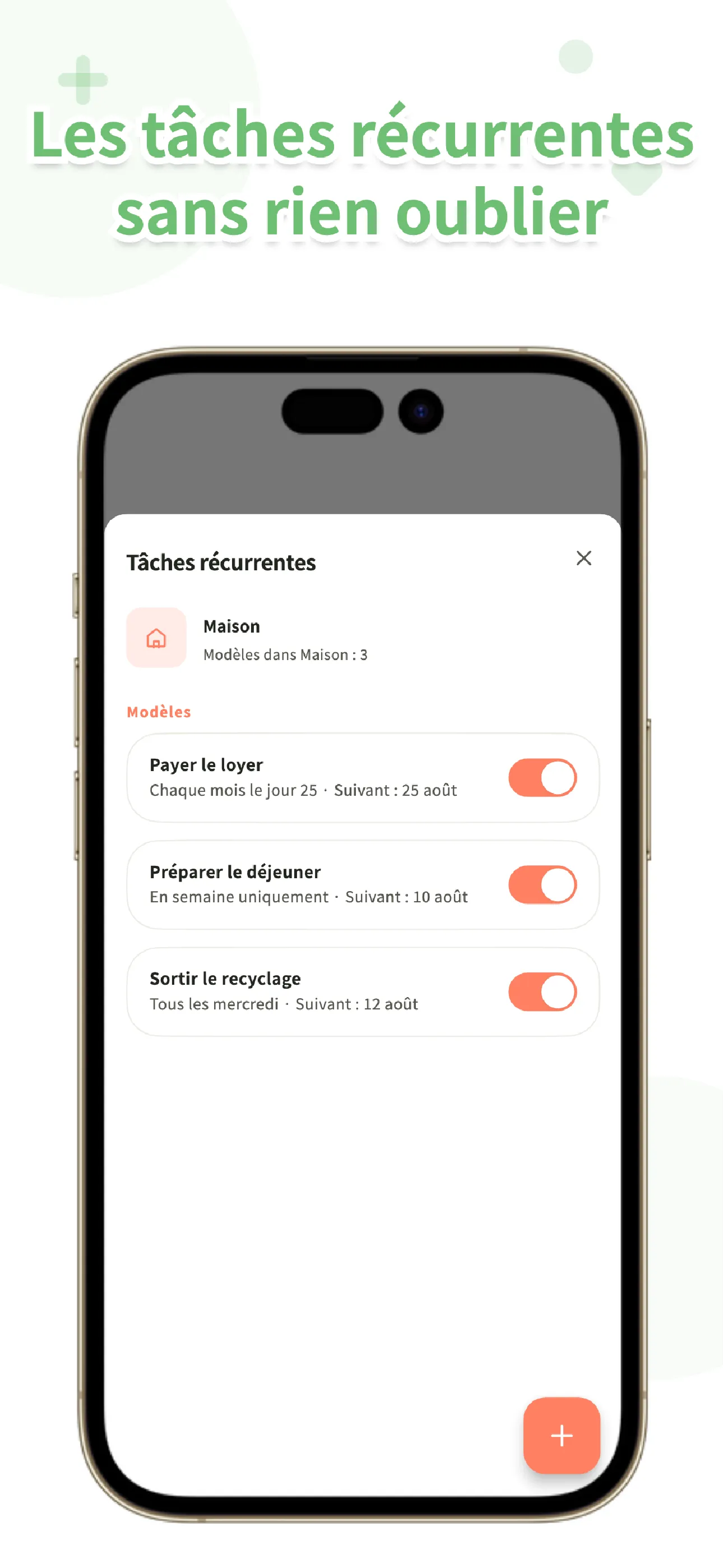 Écran de tâches récurrentes Koto avec une corvée hebdomadaire