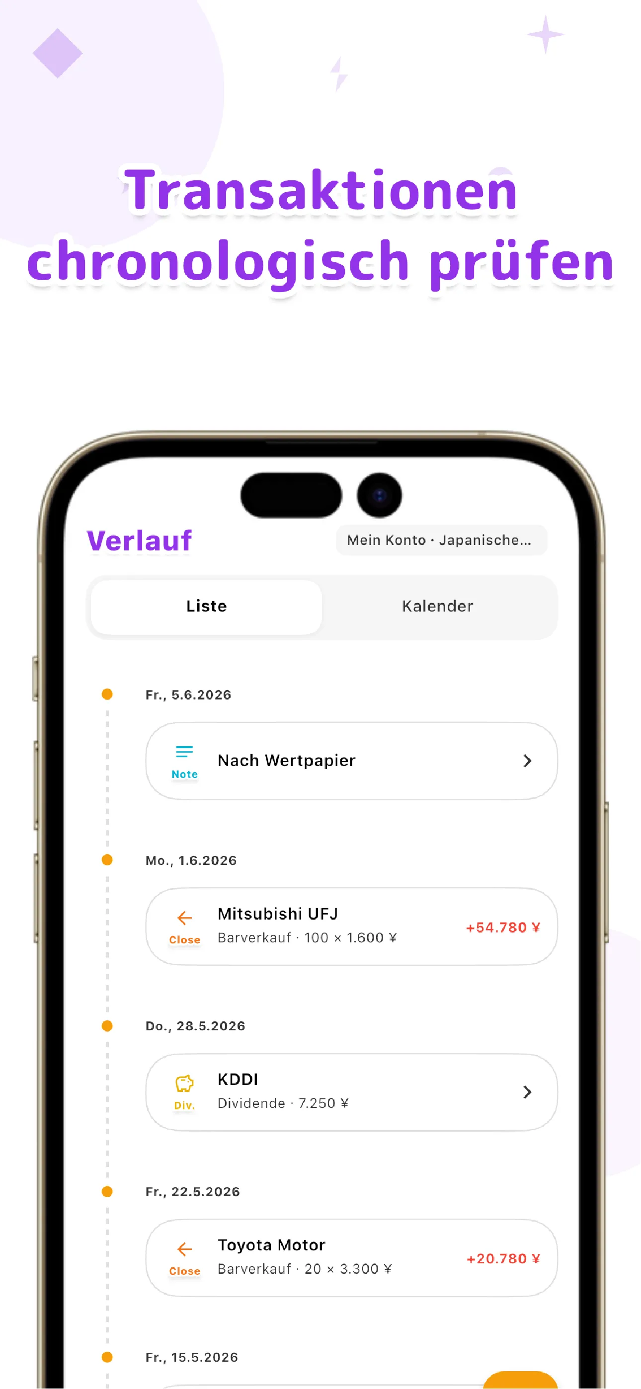 LiteFolio Transaktions-Zeitleiste mit Käufen, Verkäufen, Dividenden und Notizen im zeitlichen Verlauf