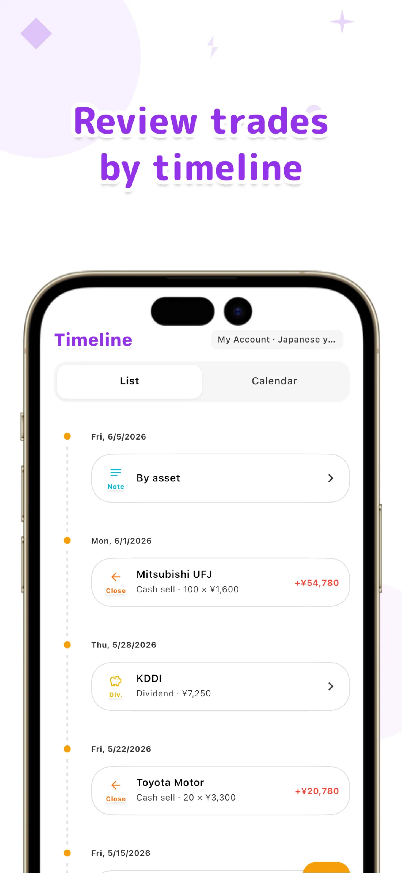 LiteFolio transaction timeline screen showing trades, dividends, and notes in chronological order