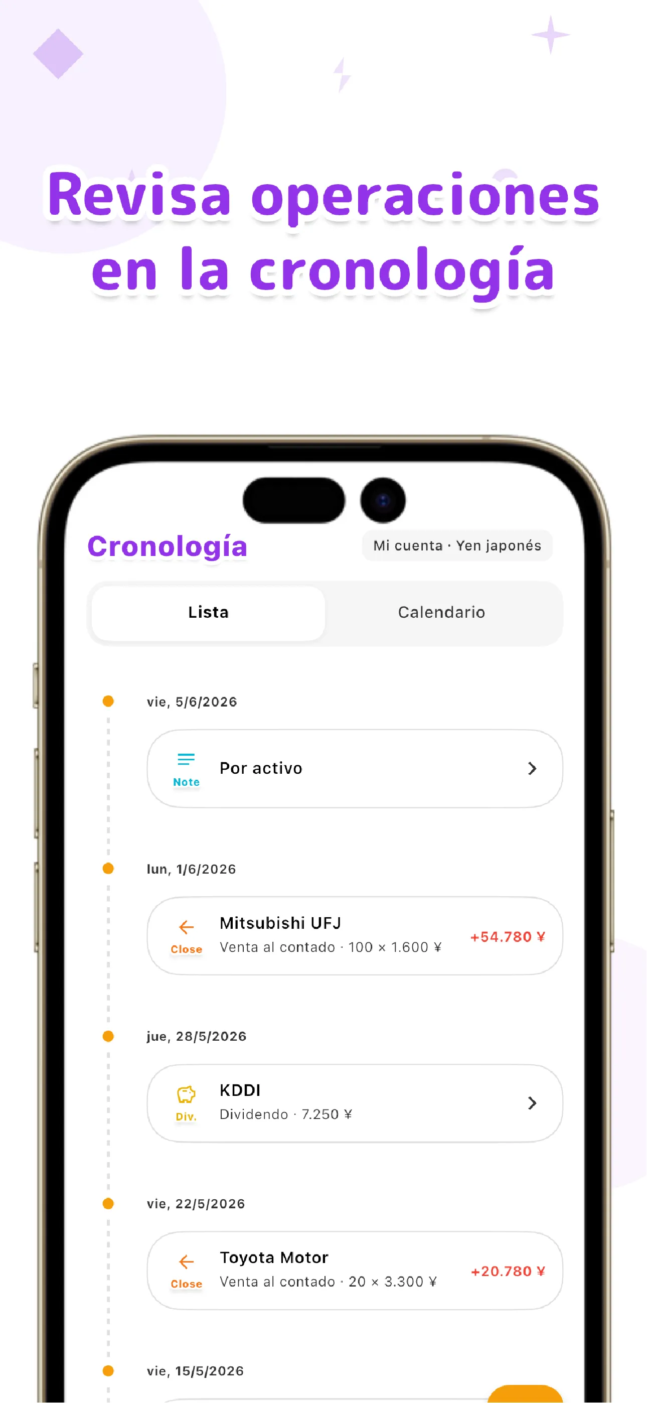 Pantalla de línea temporal de LiteFolio con el historial de compras, ventas y dividendos, y notas que puedes revisar en orden cronológico