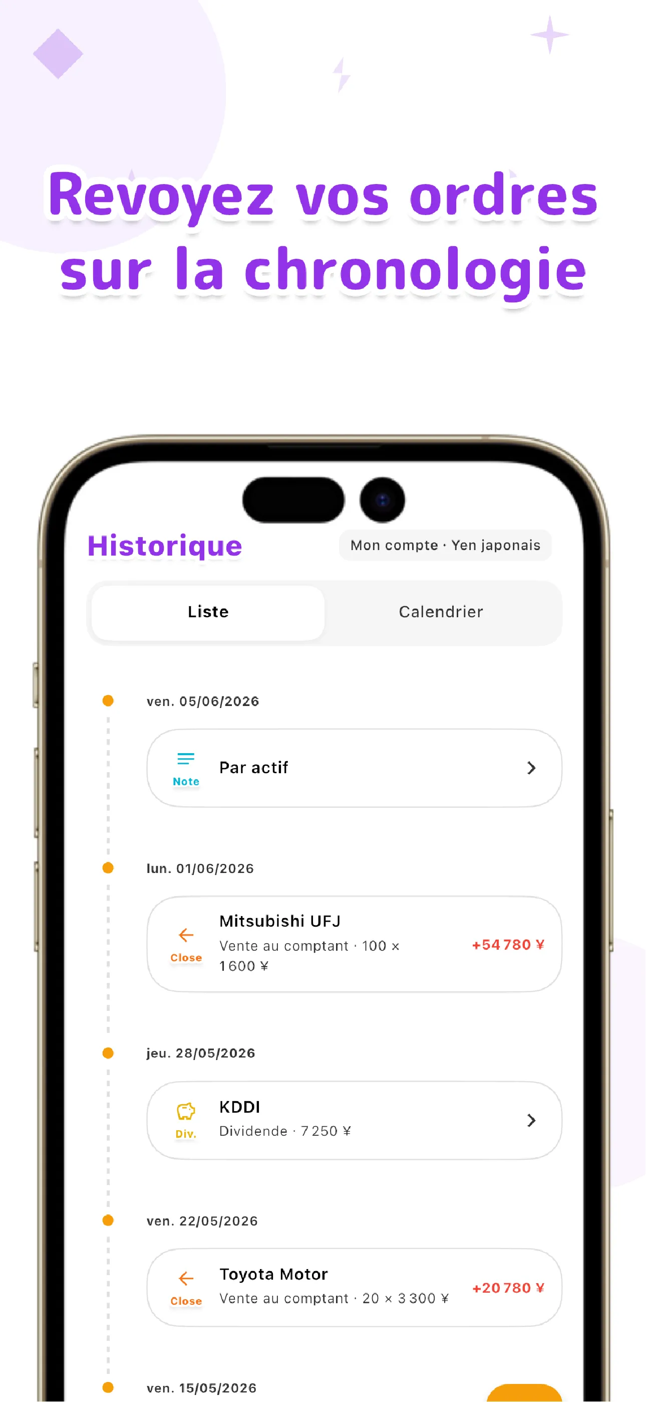 Écran de la chronologie LiteFolio. Dépôts, retraits et opérations affichés dans l'ordre chronologique