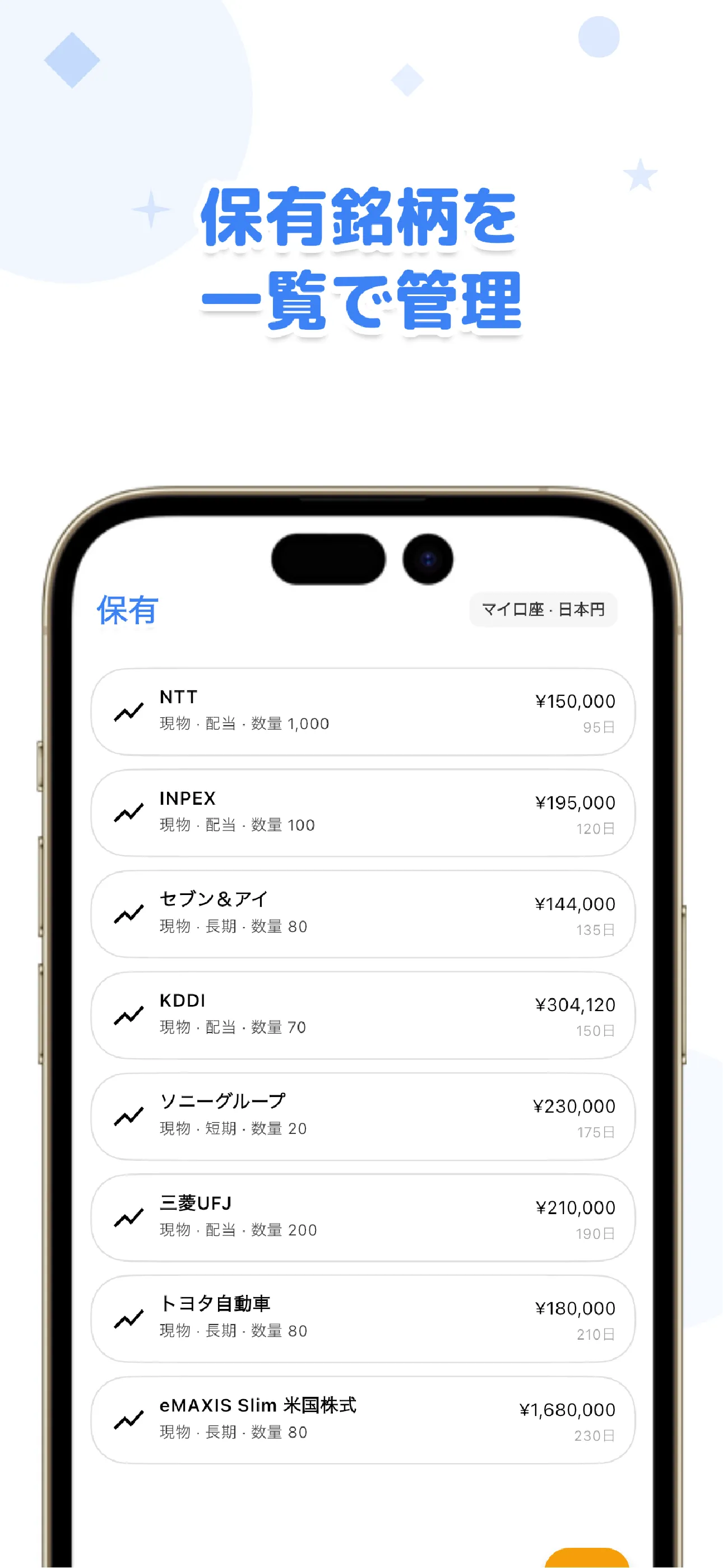 LiteFolioの保有銘柄画面。数量と平均取得単価を自動計算して一覧表示