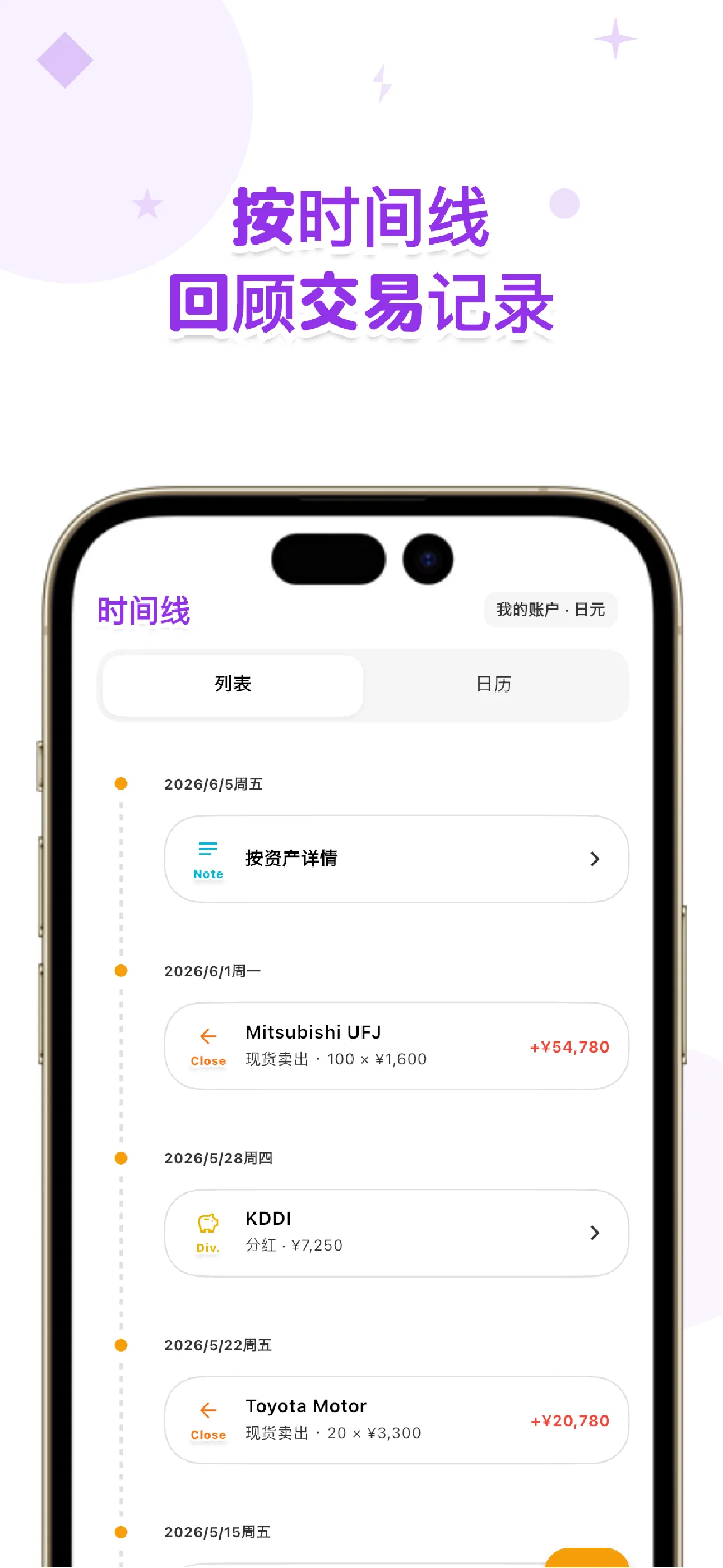 LiteFolio 交易时间线界面，按时间顺序展示买卖、股息与备注