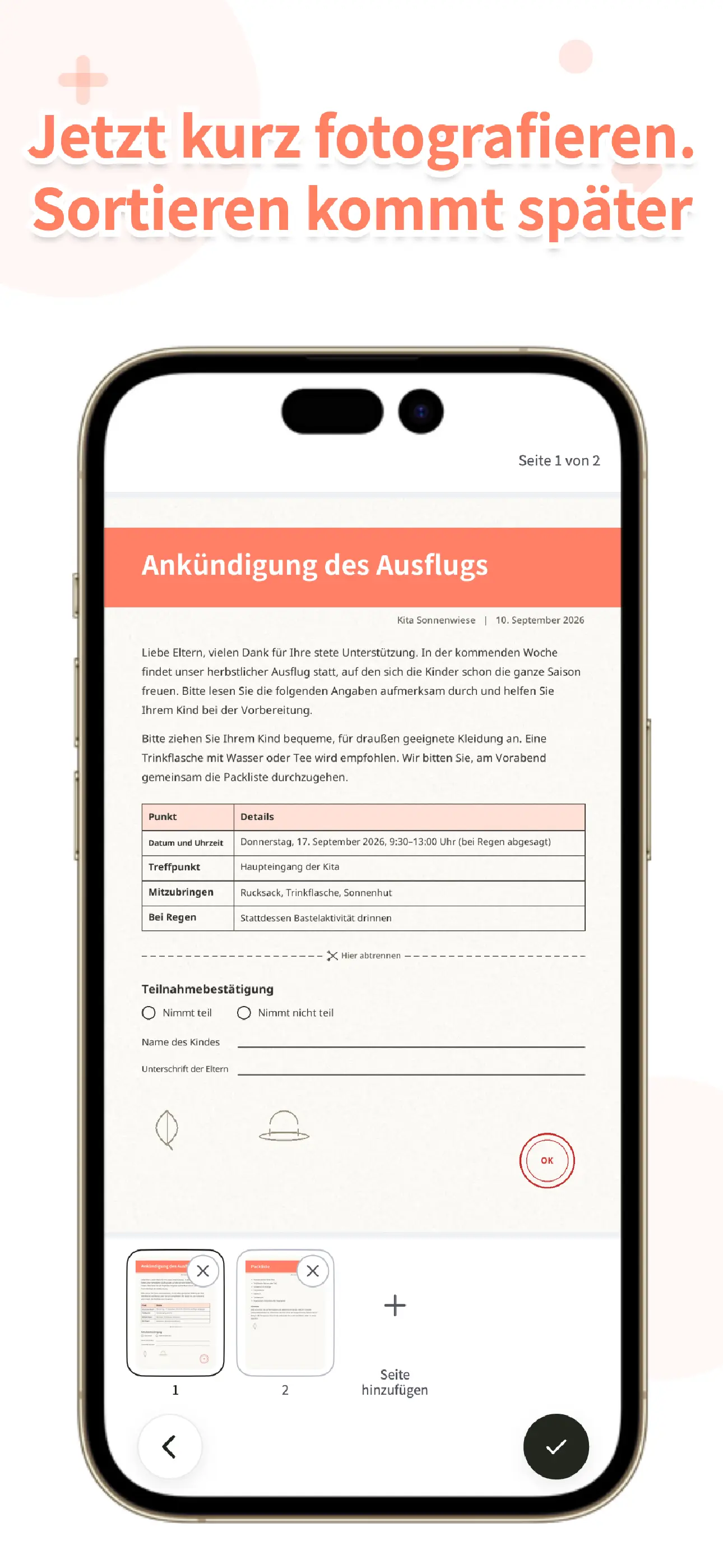 OurPost-Aufnahmebildschirm beim Scannen eines Schulzettels