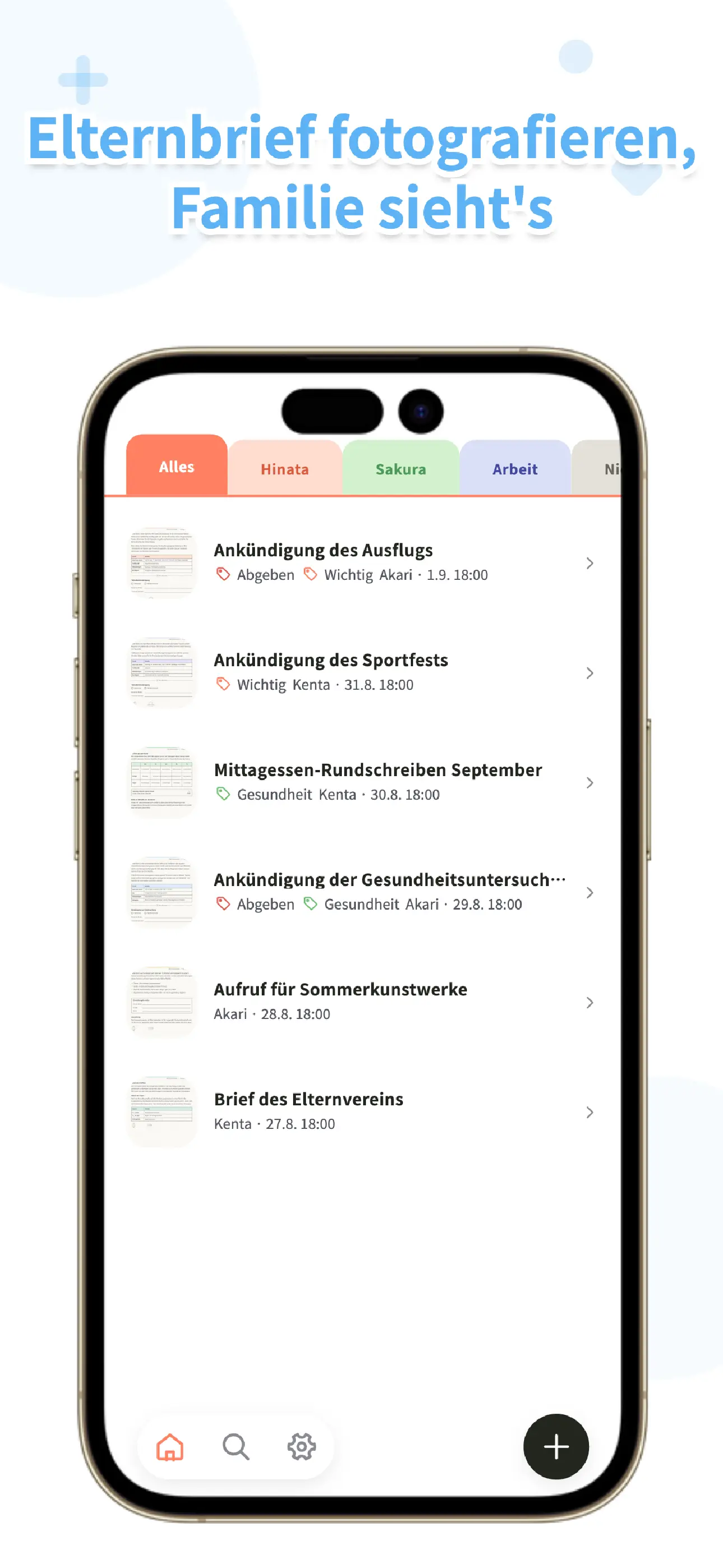 OurPost-Postfach-Bildschirm mit Schulzetteln, die mit der Familie geteilt werden