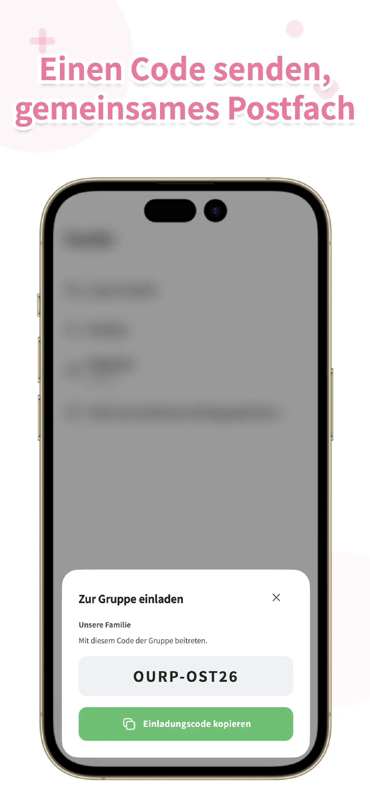 OurPost-Einladungsbildschirm zum Teilen mit der Familie per Code