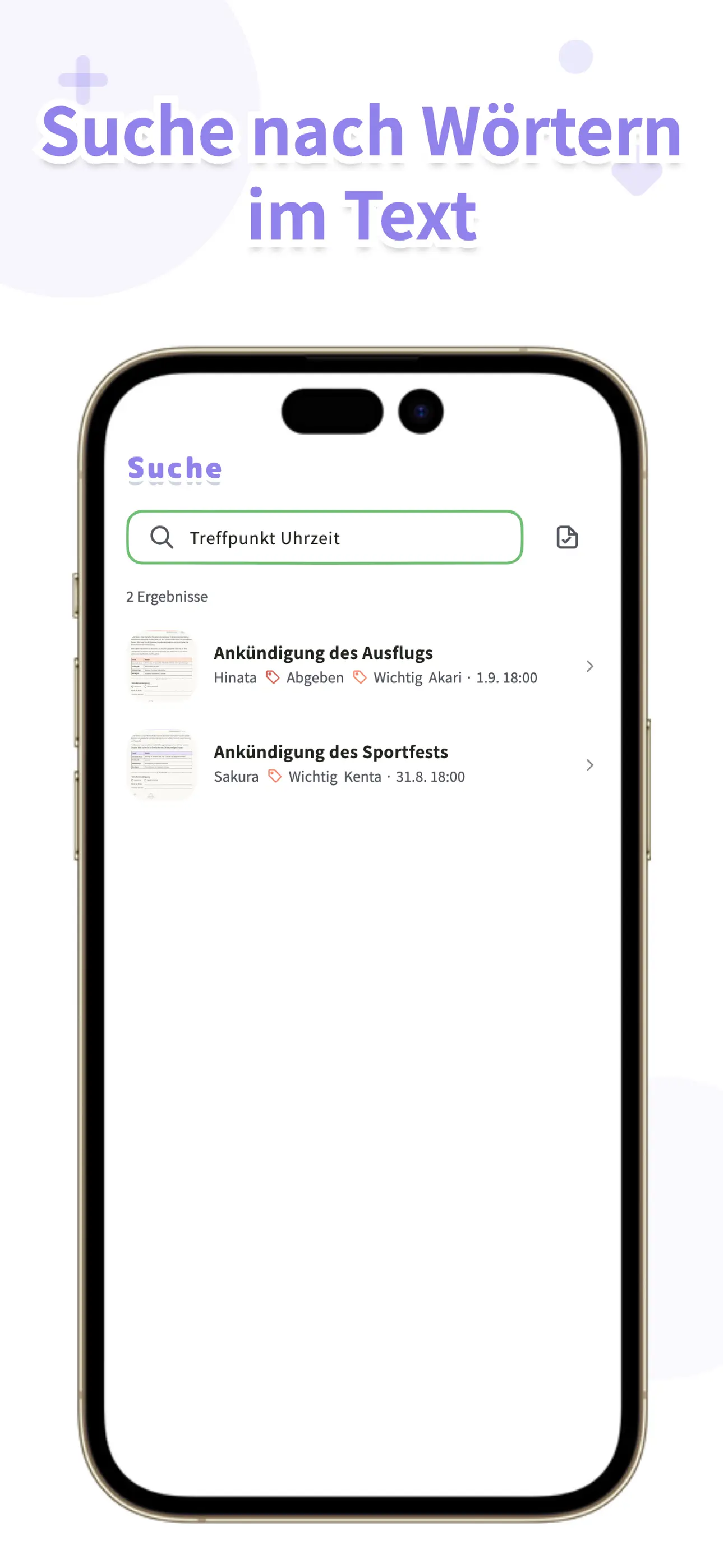 OurPost-Suchbildschirm, das Zettel anhand ihres Textes findet