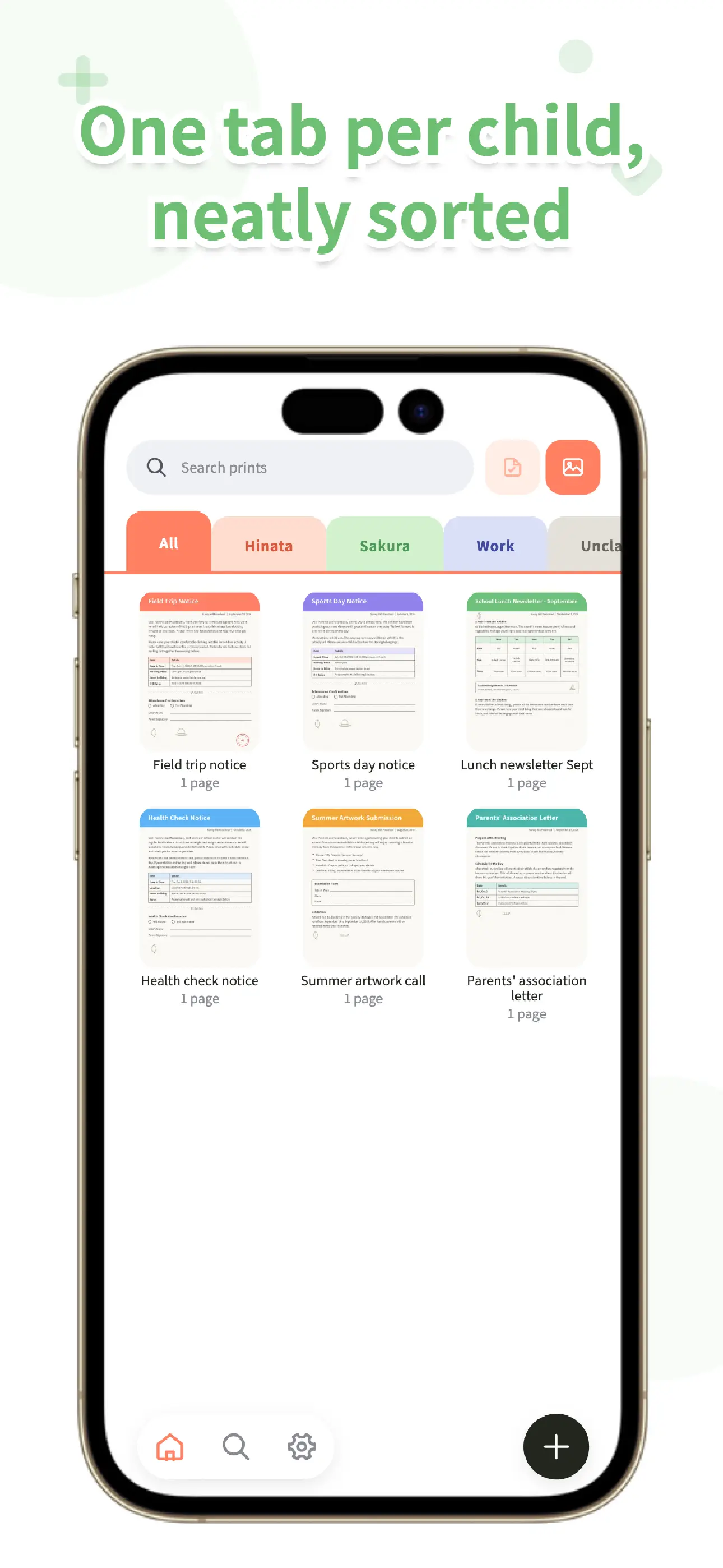 OurPost lists screen organizing papers by child