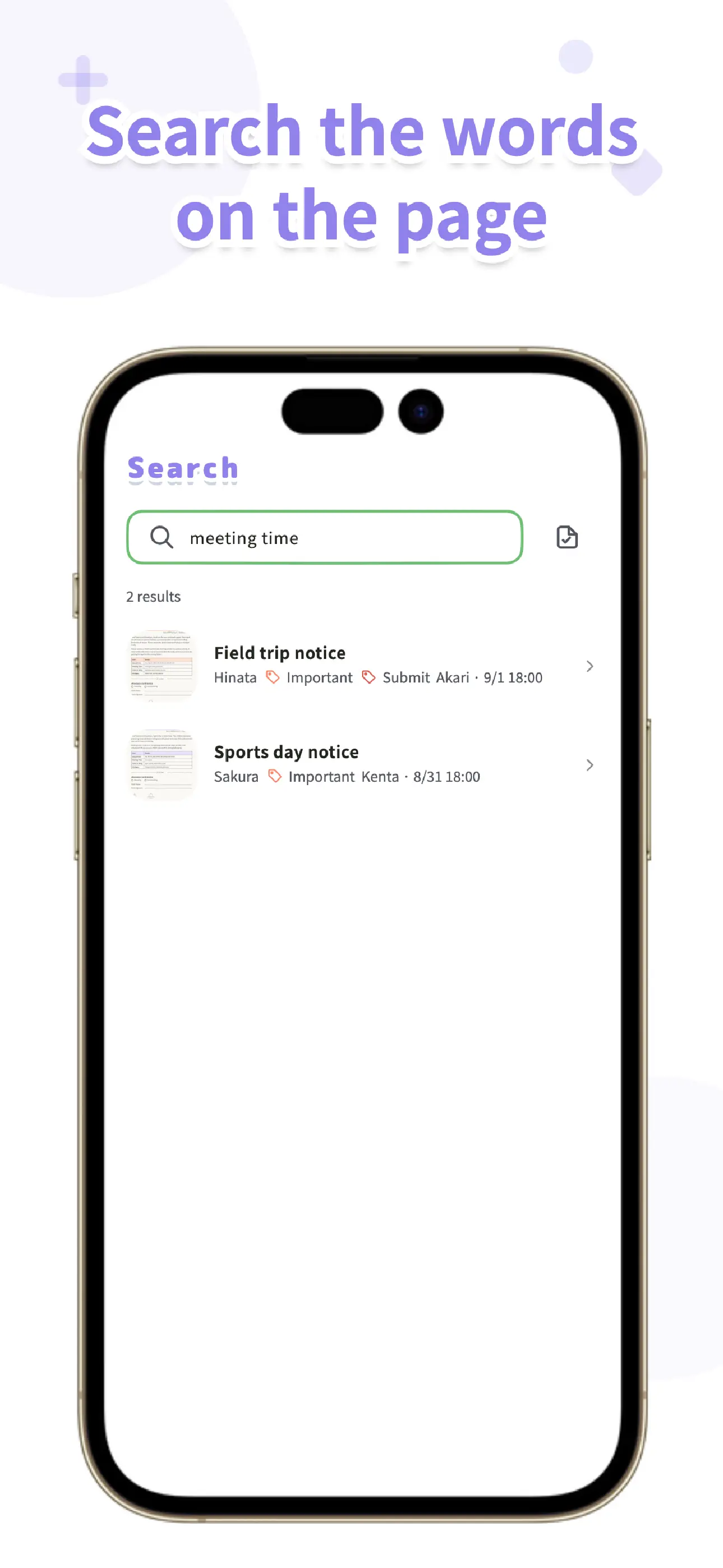 OurPost search screen finding papers by their text