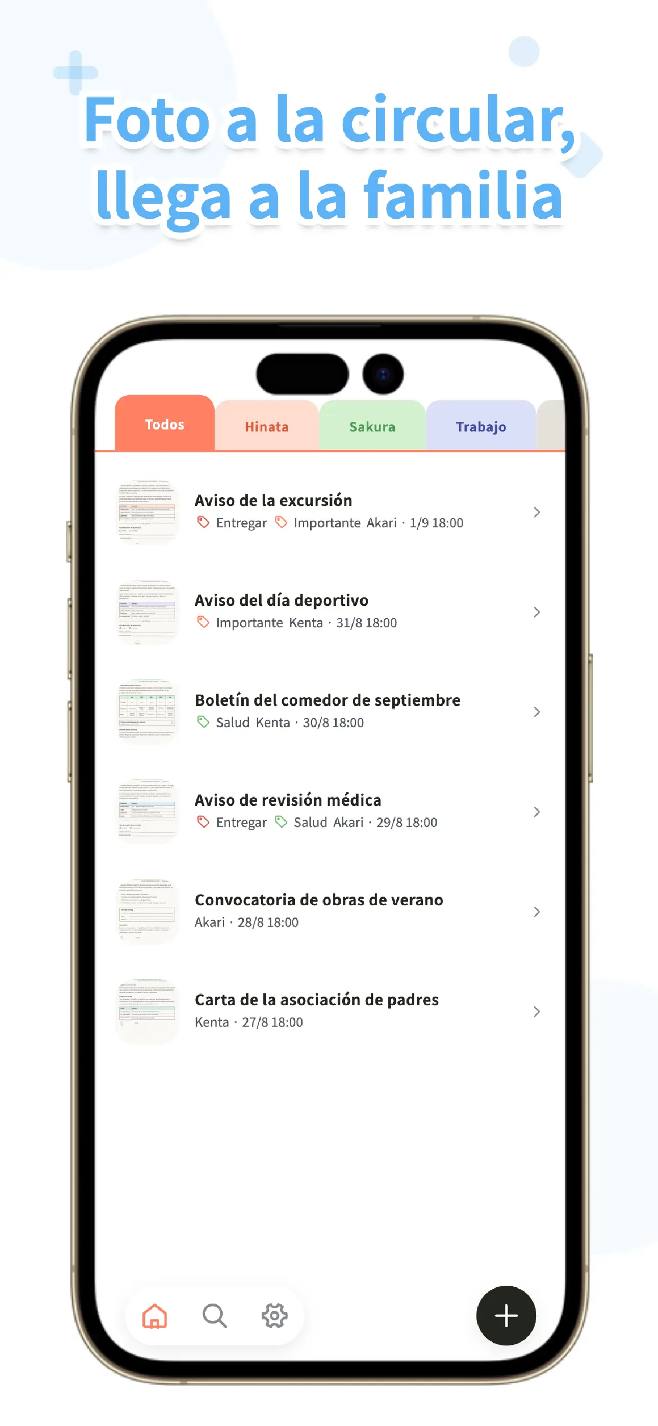 Pantalla de bandeja de OurPost con circulares del cole compartidas con la familia
