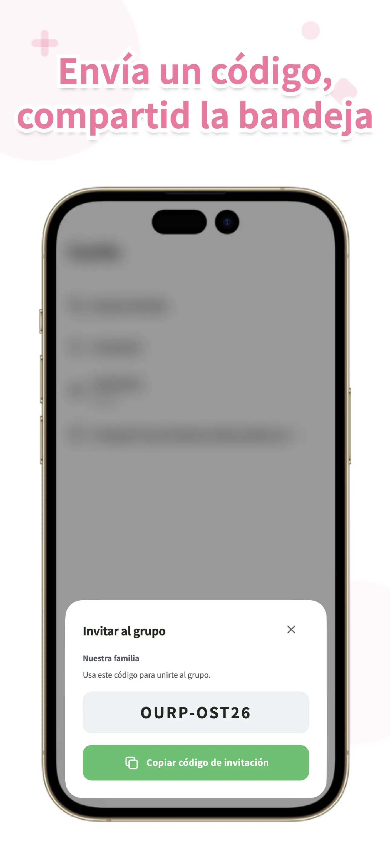 Pantalla de invitación de OurPost compartiendo con la familia mediante un código