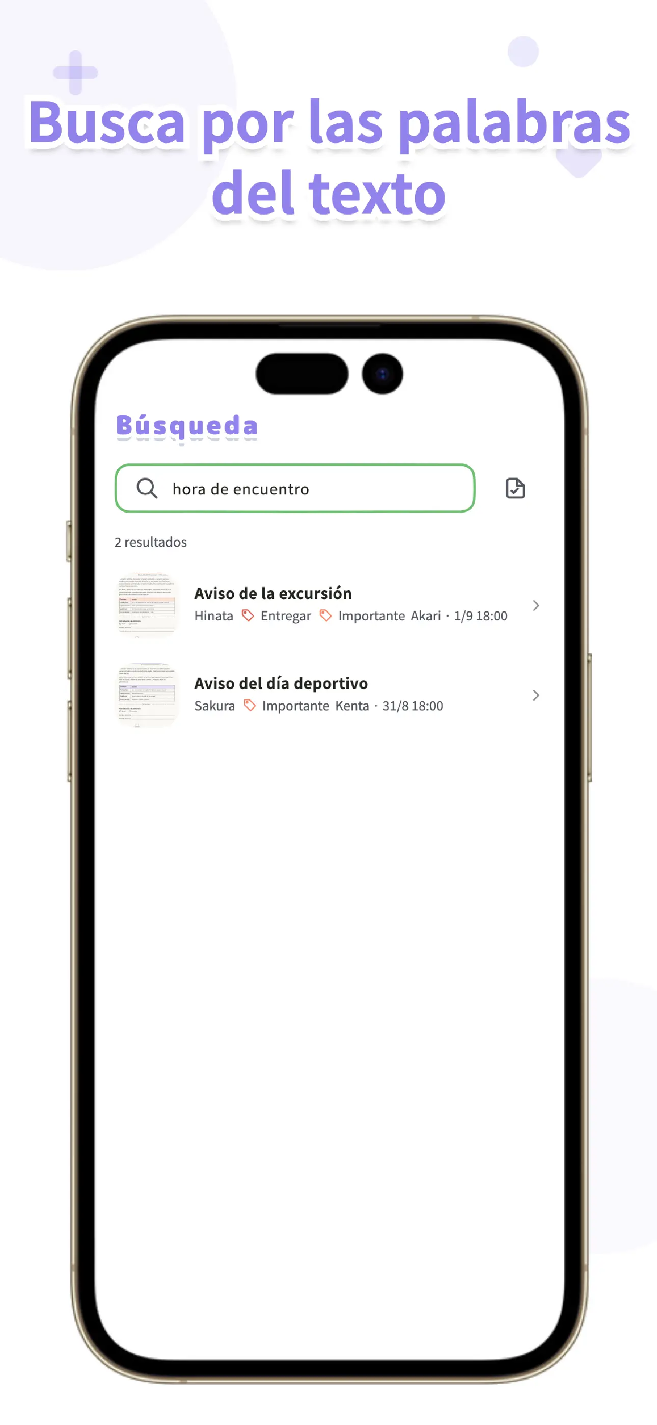 Pantalla de búsqueda de OurPost encontrando circulares por su texto