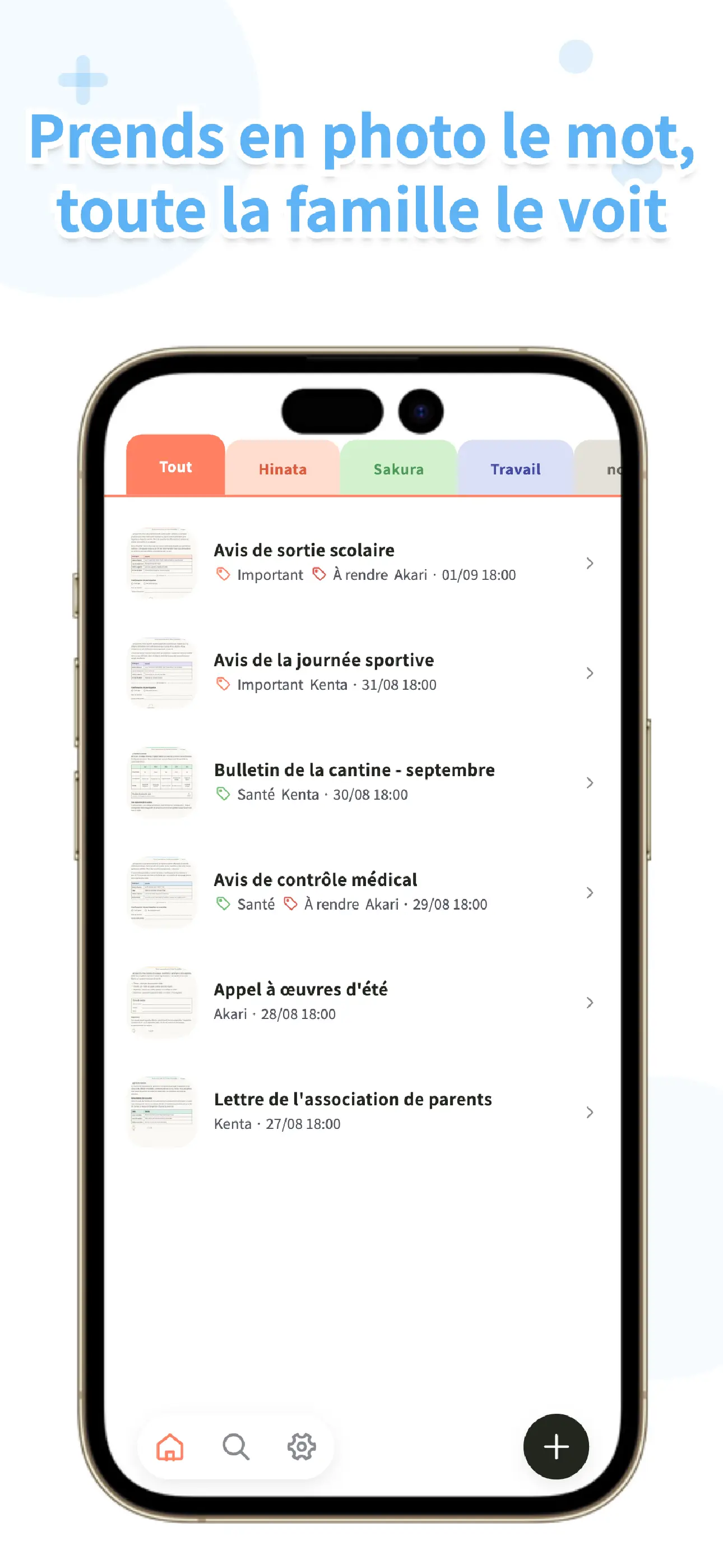 Écran de boîte de réception OurPost montrant des mots de l’école partagés avec la famille