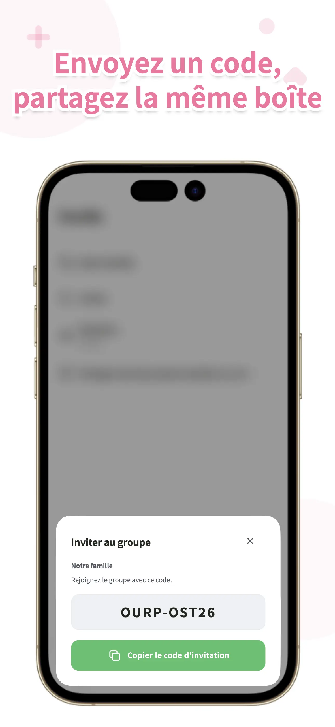 Écran d’invitation OurPost pour partager avec la famille via un code