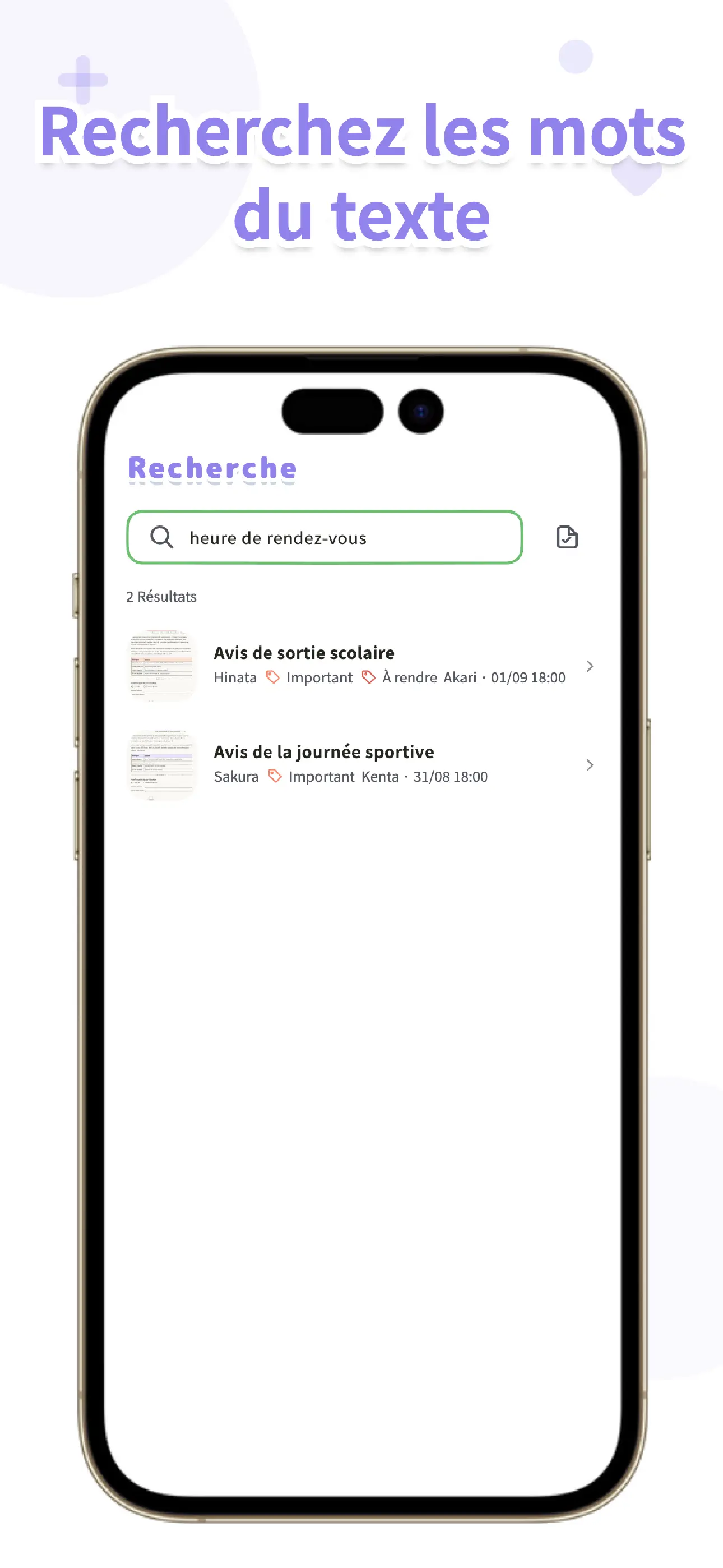 Écran de recherche OurPost retrouvant des mots grâce à leur texte